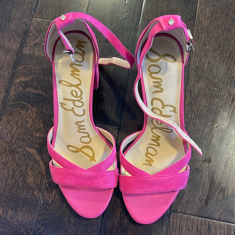 Sam Edelman Pink Suede Ankle Strap Block Heel Sandals Open Toe Buckle Shoes 7